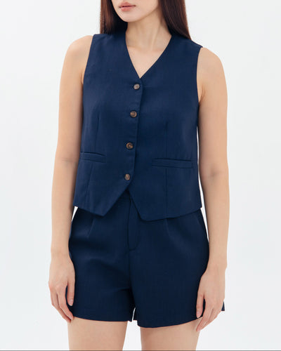 Navy Ann Bamboo Linen Shorts Set