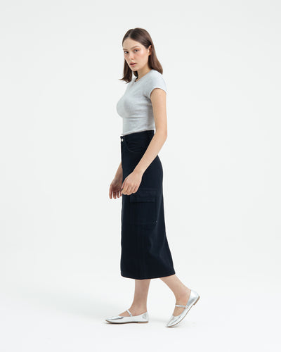 Black Cargo Midi Denim Skirt