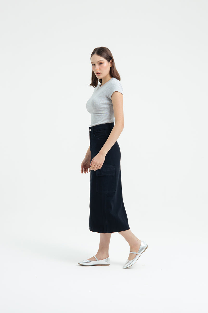 Black Cargo Midi Denim Skirt