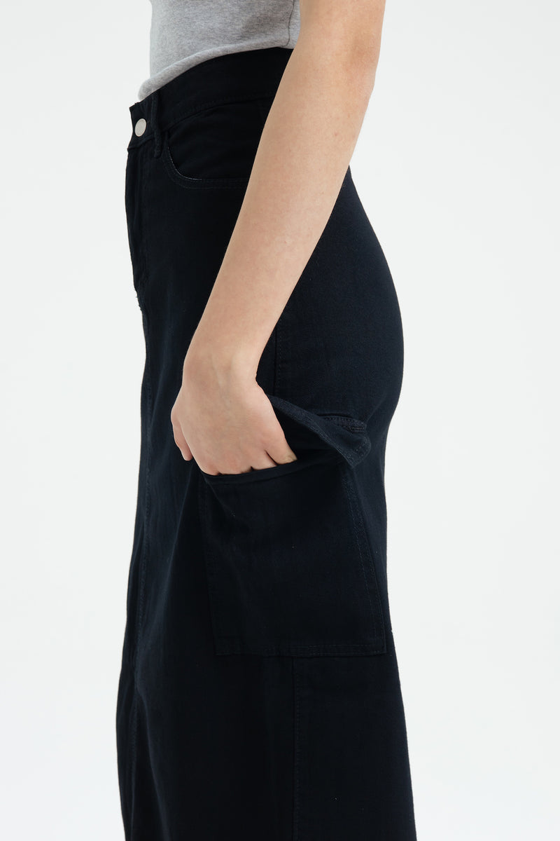 Black Cargo Midi Denim Skirt