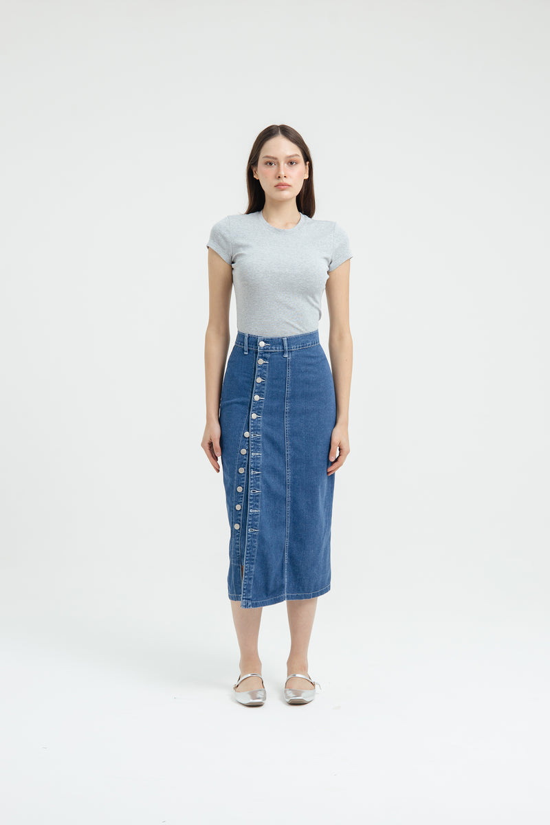 Button Midi Denim Skirt