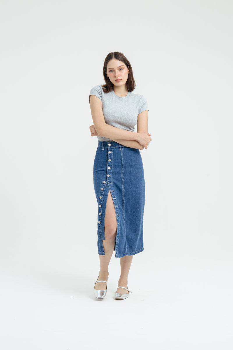 Button Midi Denim Skirt