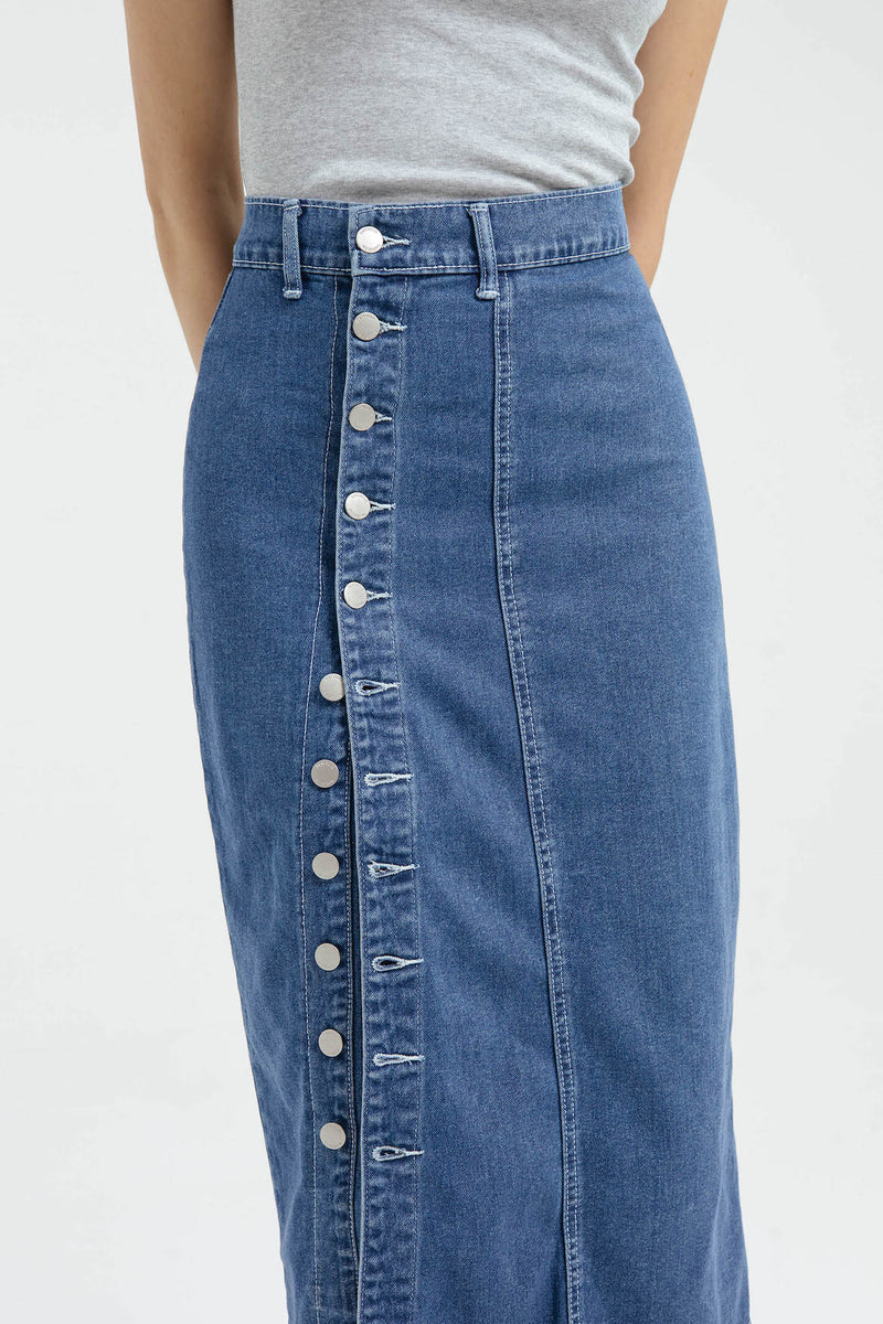 Button Midi Denim Skirt