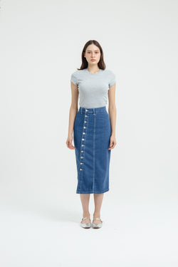 Button Midi Denim Skirt