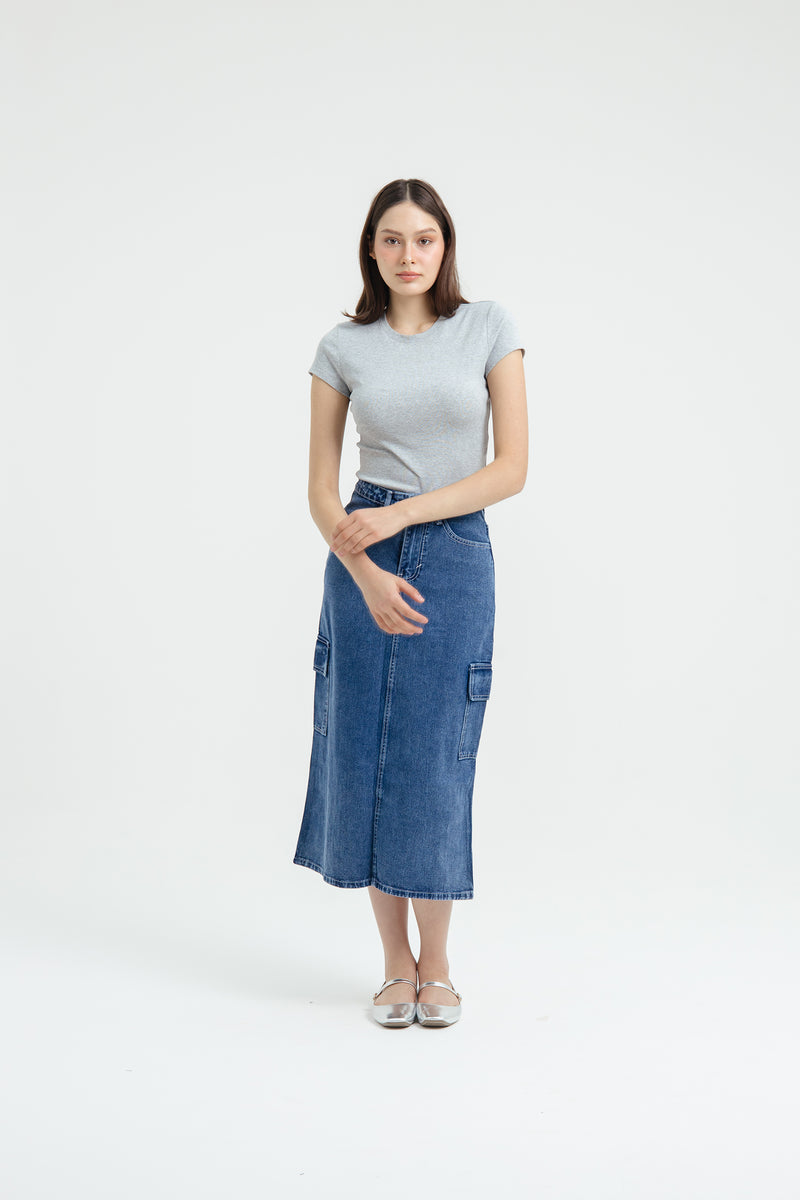 Blue Cargo Midi Denim Skirt