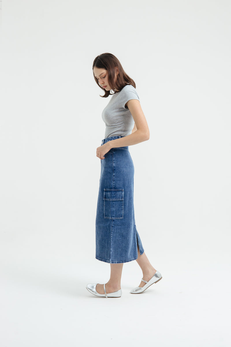 Blue Cargo Midi Denim Skirt