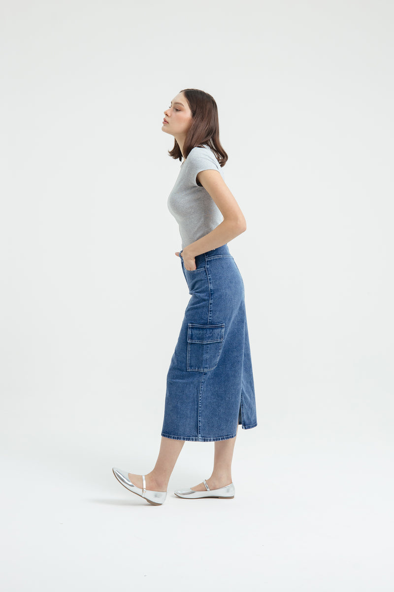 Blue Cargo Midi Denim Skirt