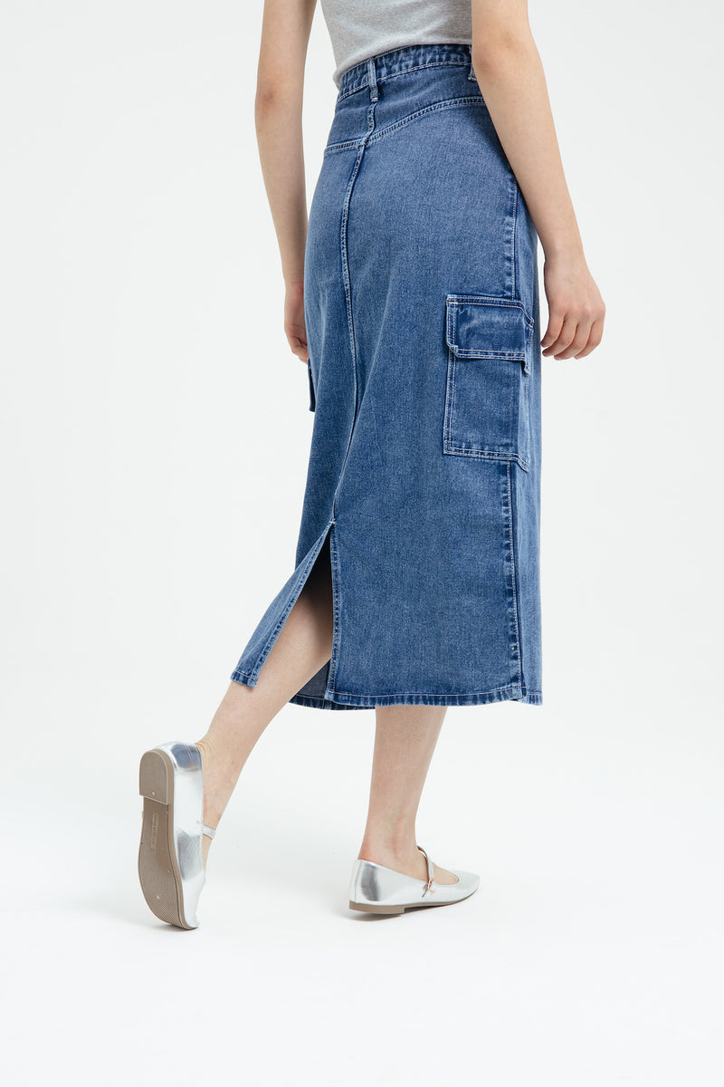 Blue Cargo Midi Denim Skirt