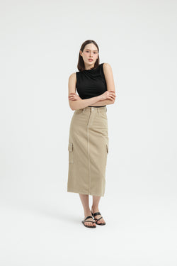 Tan Cargo Midi Denim Skirt