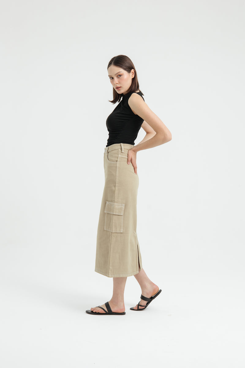 Tan Cargo Midi Denim Skirt