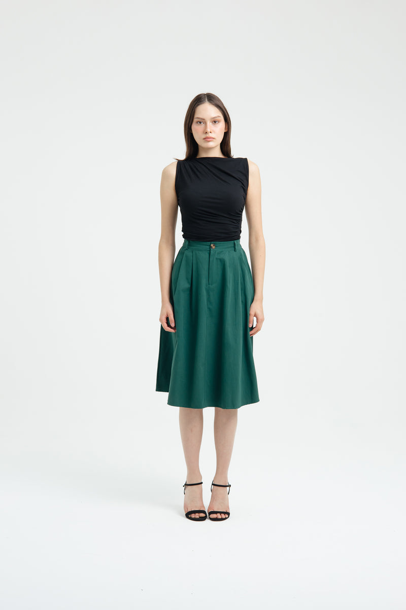 Green Button Midi A-Line Skirt