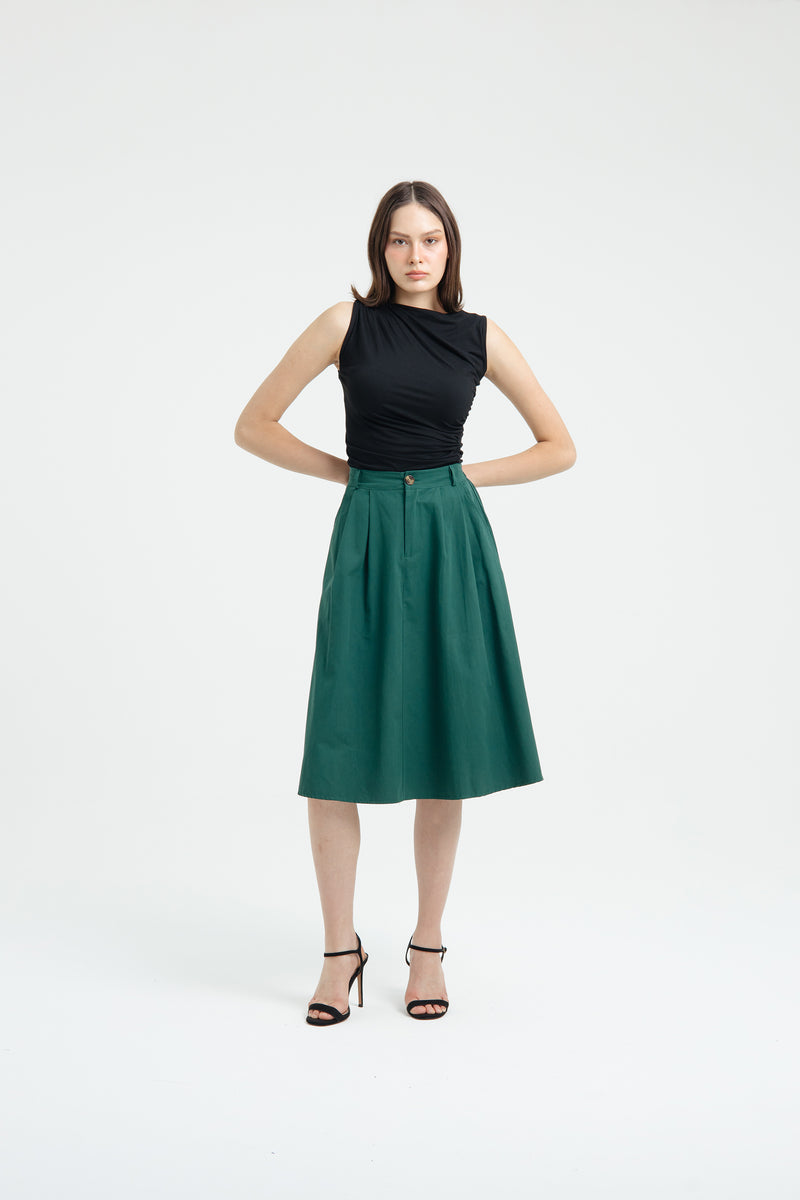 Green Button Midi A-Line Skirt