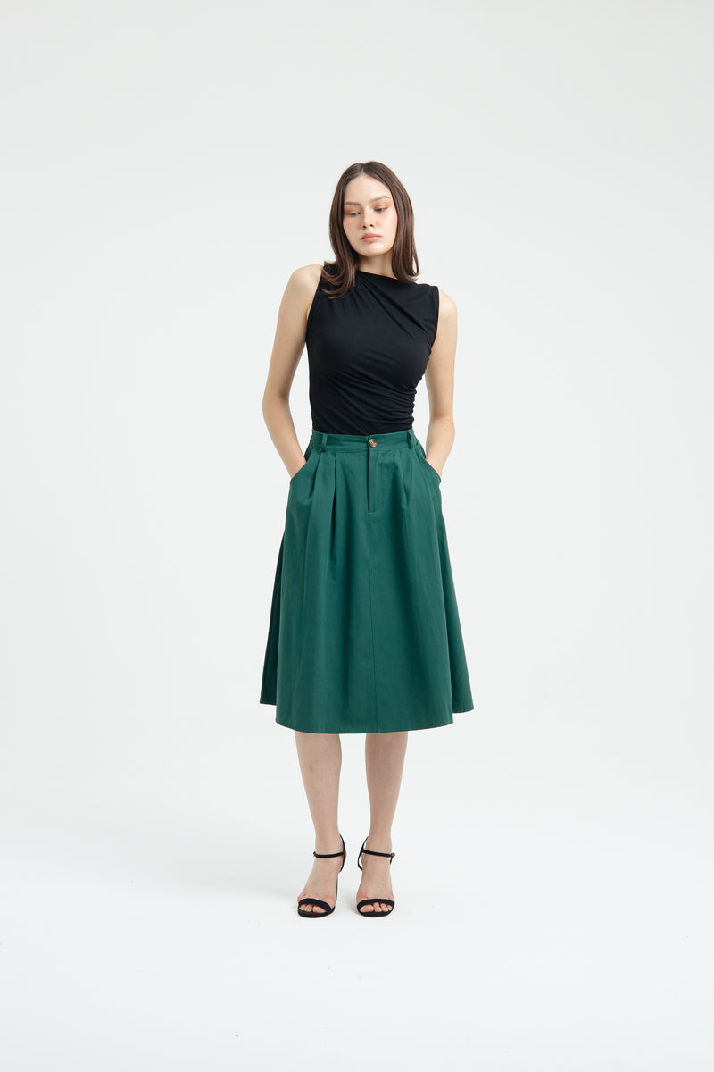 Green Button Midi A-Line Skirt