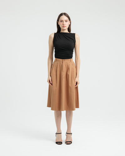 Tan Button Midi A-Line Skirt