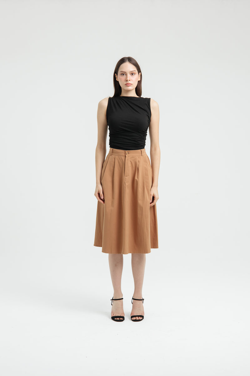 Tan Button Midi A-Line Skirt