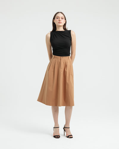 Tan Button Midi A-Line Skirt