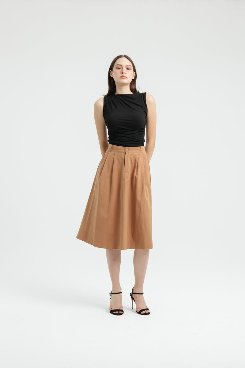 Tan Button Midi A-Line Skirt