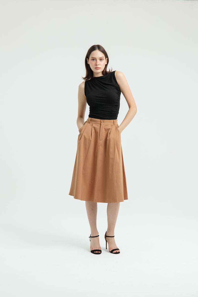 Tan Button Midi A-Line Skirt