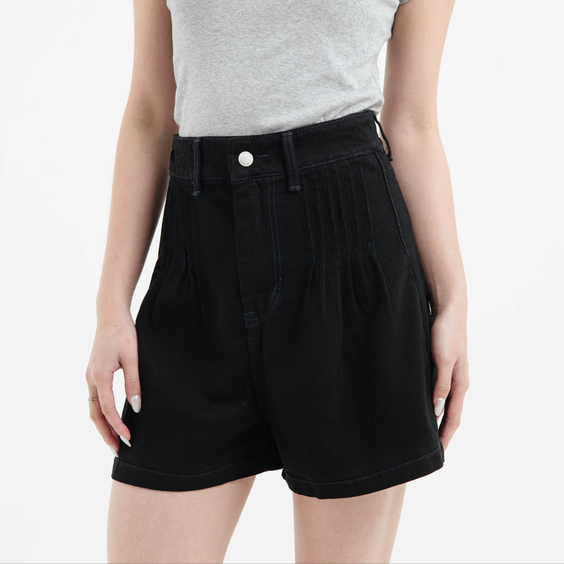 Black Pleated Denim Shorts