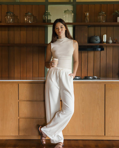 Beige Bamboo Lyocell Easy Barrel Pants