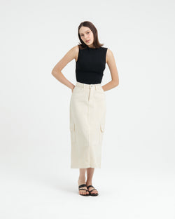 Cream Cargo Midi Denim Skirt