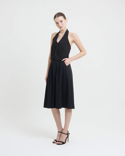 Black Button Midi A-Line Skirt - Hellolilo