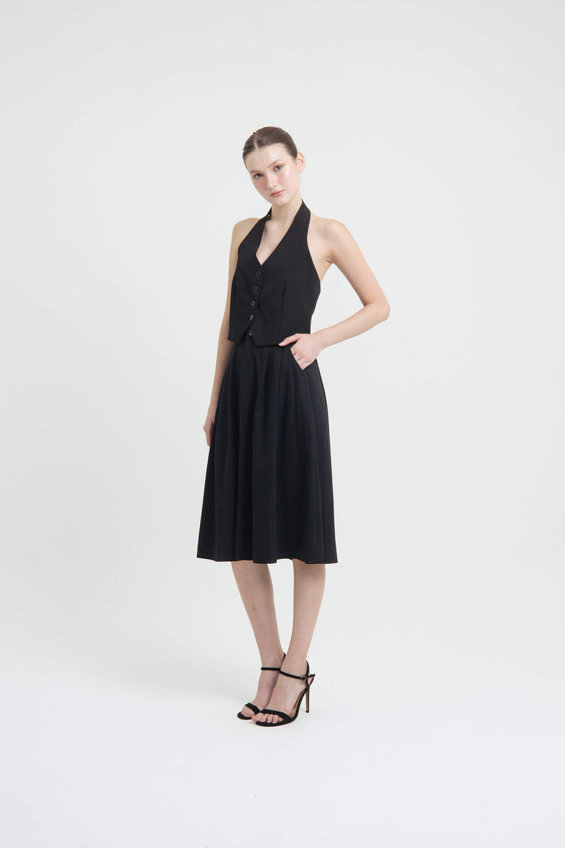 Black Button Midi A-Line Skirt - Hellolilo