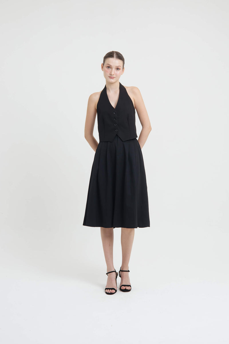 Black Button Midi A-Line Skirt - Hellolilo