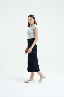 Black Cargo Midi Denim Skirt - Hellolilo