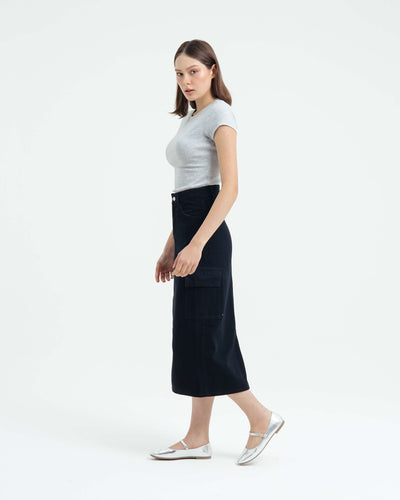 Black Cargo Midi Denim Skirt - Hellolilo