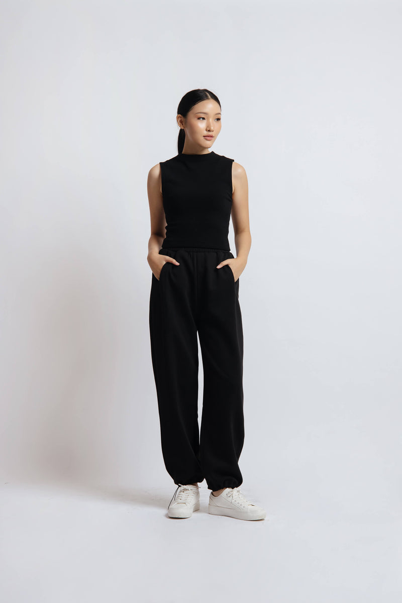 Black Cotton Fleece Two Way Pants - Hellolilo