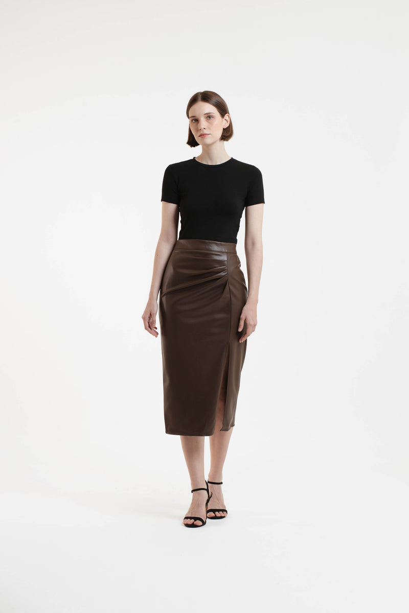 Brown Leatherette Skirt - Hellolilo