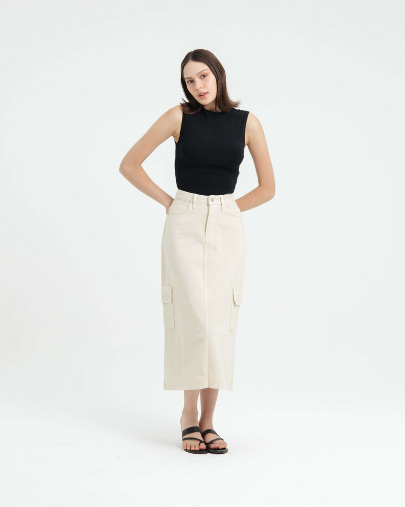 Cream Cargo Midi Denim Skirt - Hellolilo