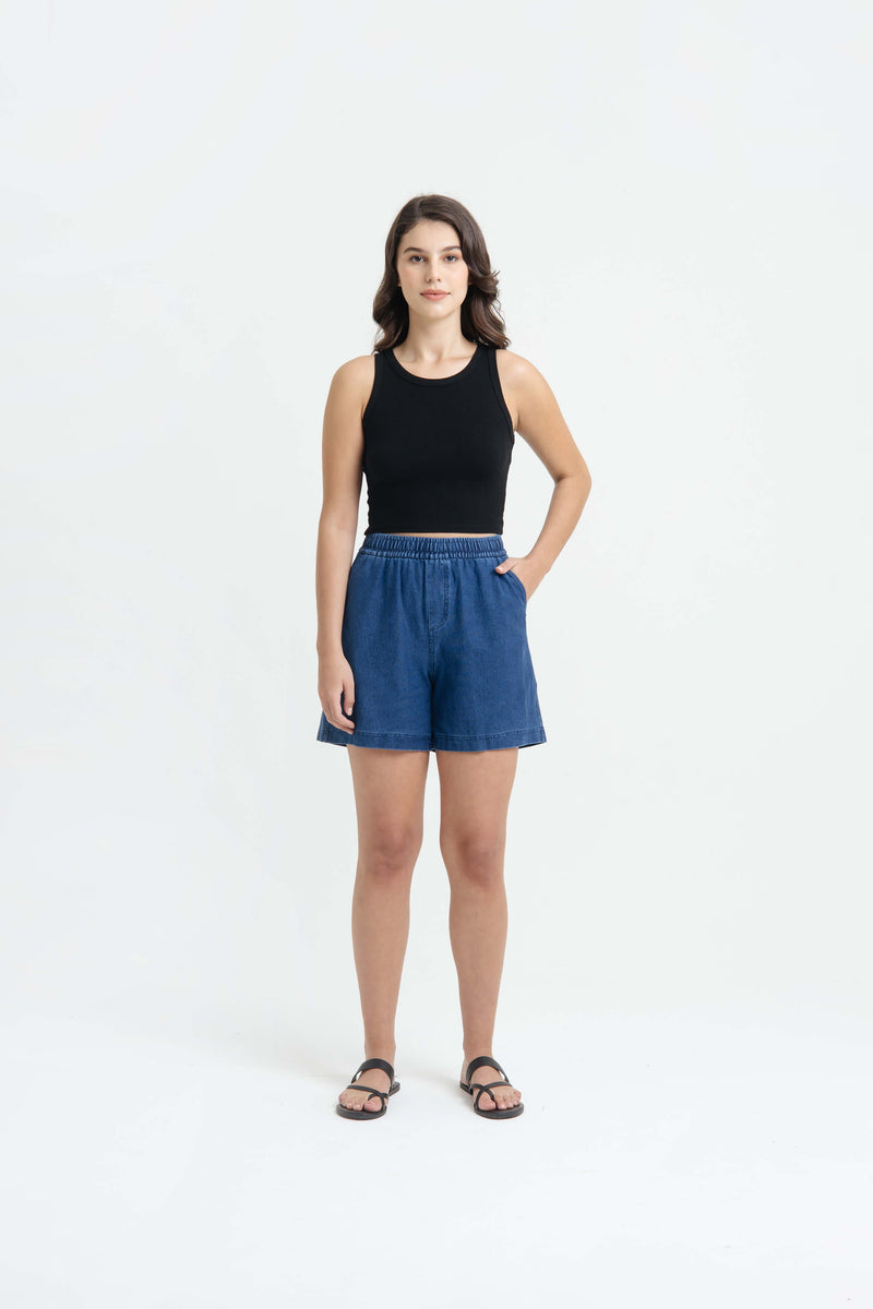 Dark Blue Bamboo Denim Shorts - Hellolilo