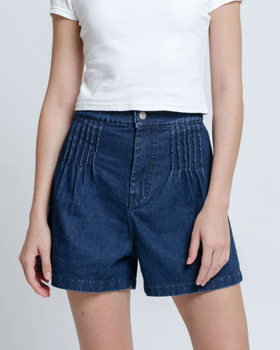 Dark Blue Pleated Denim Shorts - Hellolilo