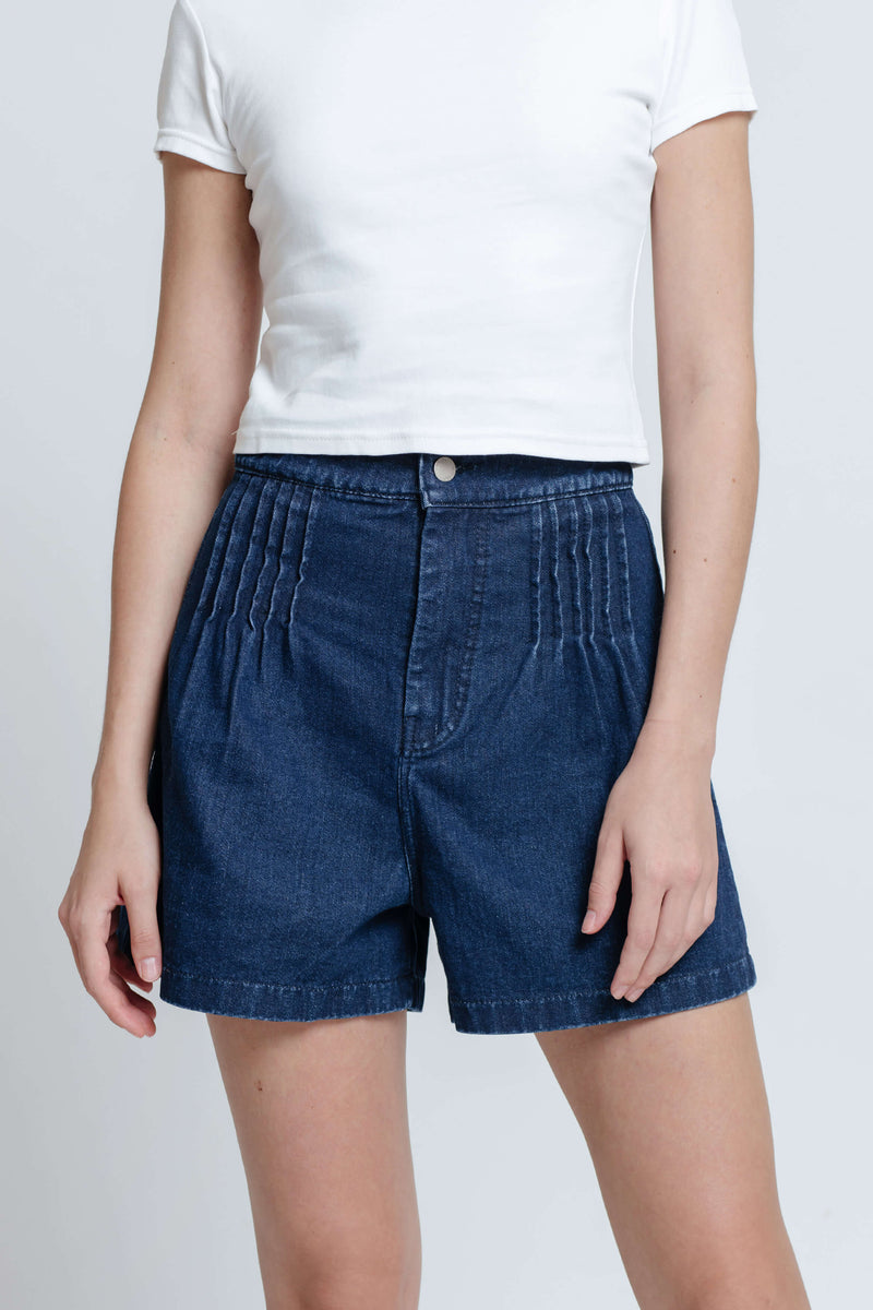 Dark Blue Pleated Denim Shorts - Hellolilo