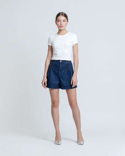 Dark Blue Pleated Denim Shorts - Hellolilo