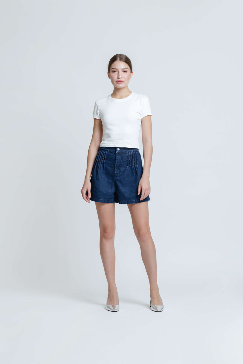 Dark Blue Pleated Denim Shorts - Hellolilo