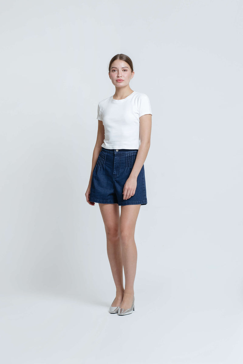 Dark Blue Pleated Denim Shorts - Hellolilo