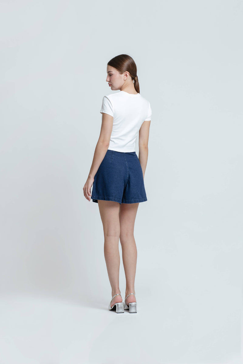 Dark Blue Pleated Denim Shorts - Hellolilo