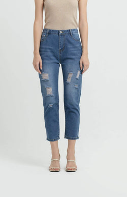 Dark Blue Ripped Relaxed Jeans - Hellolilo