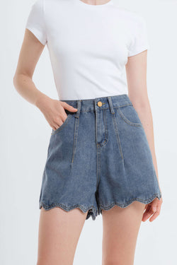 Defective Sale Scallop Denim Shorts - Hellolilo