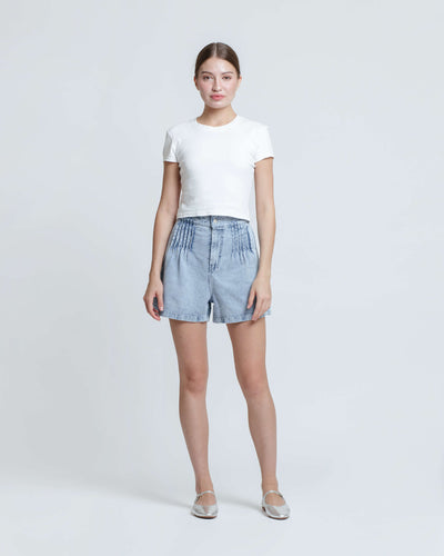 Light Blue Pleated Denim Shorts - Hellolilo