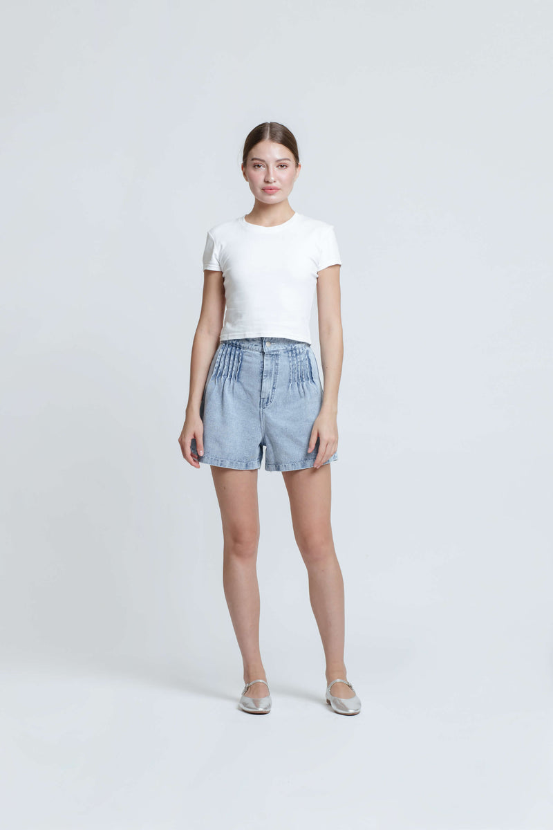 Light Blue Pleated Denim Shorts - Hellolilo