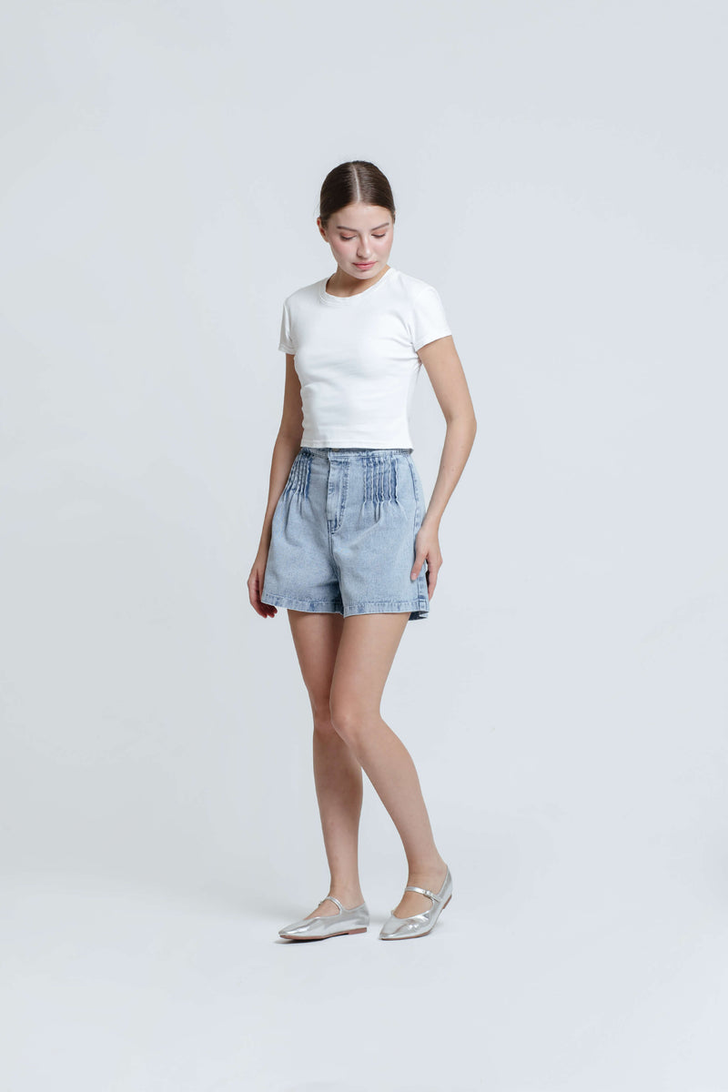 Light Blue Pleated Denim Shorts - Hellolilo