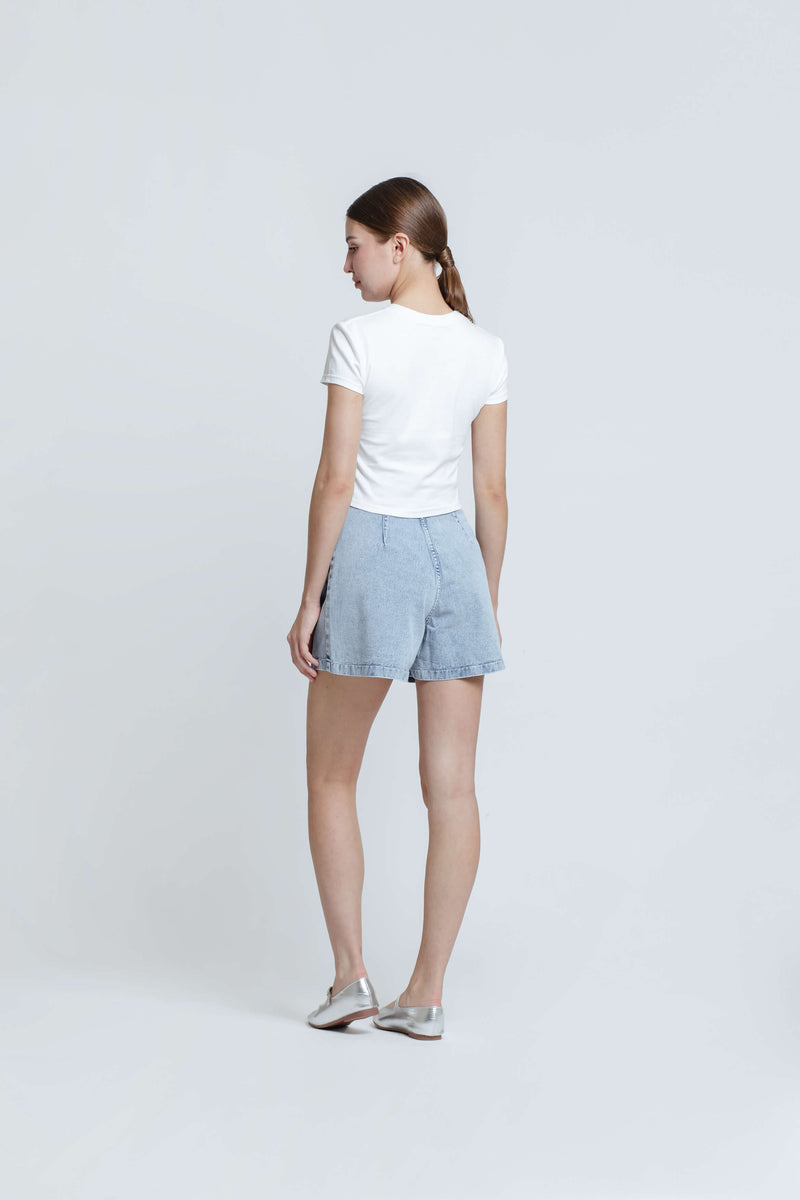 Light Blue Pleated Denim Shorts - Hellolilo