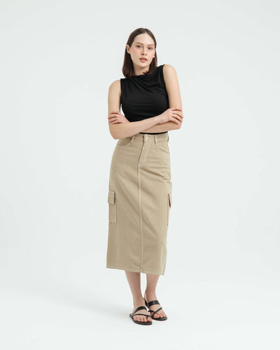 Tan Cargo Midi Denim Skirt - Hellolilo