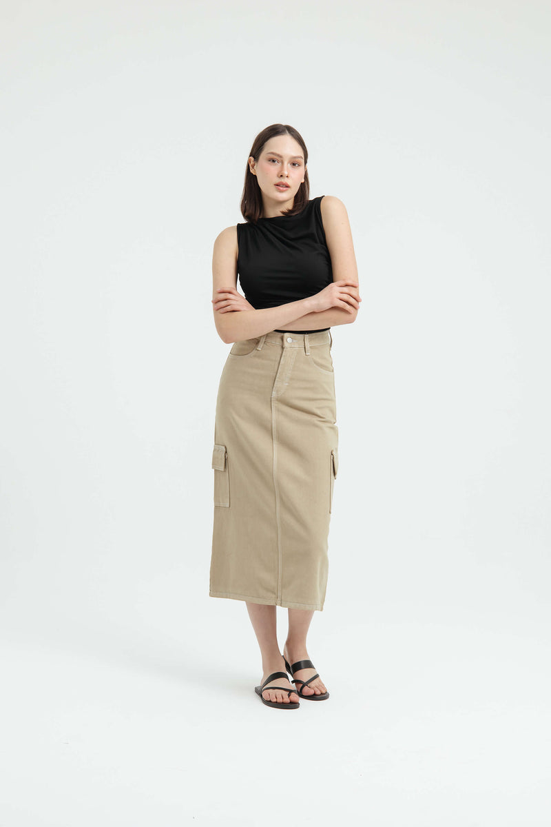 Tan Cargo Midi Denim Skirt - Hellolilo