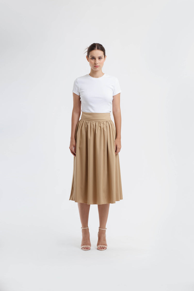 Tan Midi A-Line Skirt - Hellolilo