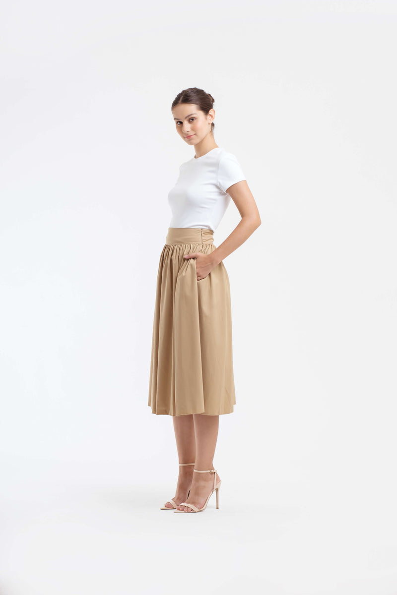 Tan Midi A-Line Skirt - Hellolilo